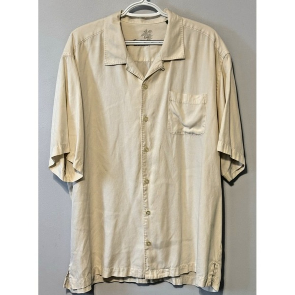 Tommy Bahama Mens Silk Aloha‎ Hawaiian Shirt XL Beige Palm Tree Embroidered